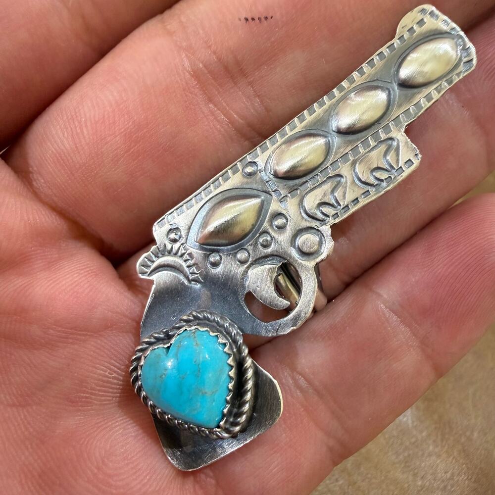 Navajo Revolver Gun Sterling Silver & Turquoise Size Adjustable by Tim Yazzie